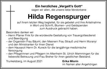 Traueranzeige von Hilda Regenspurger von Memminger Zeitung