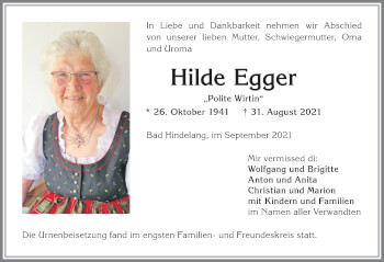 Traueranzeige von Hilde Egger von Allgäuer Anzeigeblatt