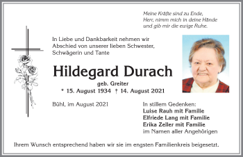 Traueranzeige von Hildegard Durach von Allgäuer Anzeigeblatt