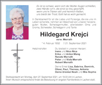 Traueranzeige von Hildegard Krejci von Memminger Zeitung