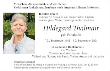 Traueranzeige von Hildegard Thalmair von Allgäuer Zeitung, Füssen