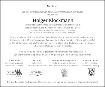 Traueranzeige von Holger Klockmann von Memminger Zeitung