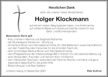 Traueranzeige von Holger Klockmann von Memminger Zeitung