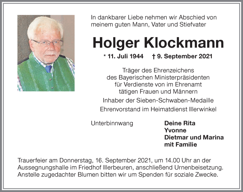  Traueranzeige für Holger Klockmann vom 14.09.2021 aus Memminger Zeitung