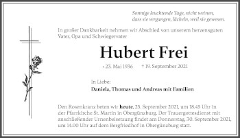 Traueranzeige von Hubert Frei von Allgäuer Zeitung, Marktoberdorf