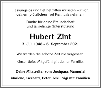 Traueranzeige von Hubert Zint von Allgäuer Anzeigeblatt
