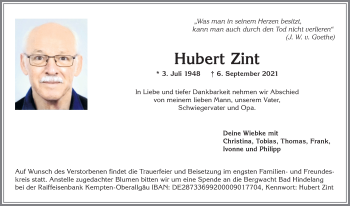 Traueranzeige von Hubert Zint von Allgäuer Anzeigeblatt