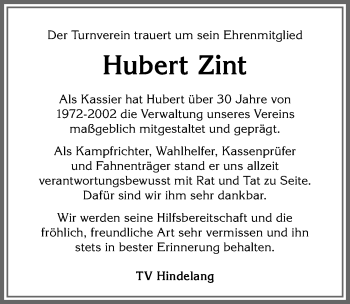 Traueranzeige von Hubert Zint von Allgäuer Anzeigeblatt