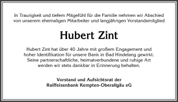 Traueranzeige von Hubert Zint von Allgäuer Anzeigeblatt