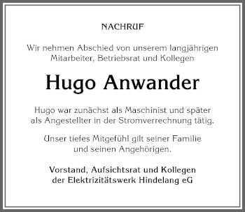 Traueranzeige von Hugo Anwander von Allgäuer Anzeigeblatt
