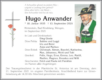 Traueranzeige von Hugo Anwander von Allgäuer Anzeigeblatt
