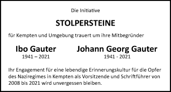 Traueranzeige von Ibo Gauter von Allgäuer Zeitung,Kempten