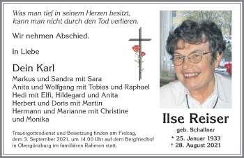Traueranzeige von Ilse Reiser von Allgäuer Zeitung