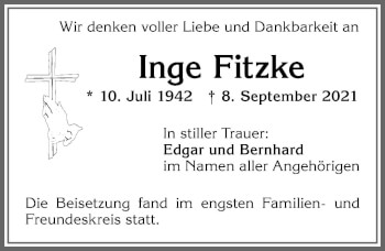 Traueranzeige von Inge Fitzke von Allgäuer Zeitung,Kempten