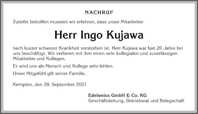  Traueranzeige für Ingo Kujawa vom 29.09.2021 aus Allgäuer Zeitung,Kempten