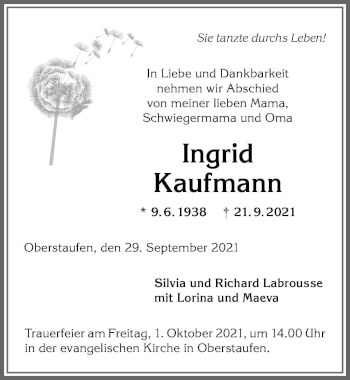 Traueranzeige von Ingrid Kaufmann von Allgäuer Anzeigeblatt