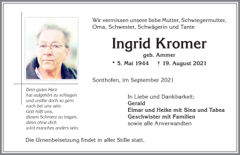 Traueranzeige von Ingrid Kromer von Allgäuer Anzeigeblatt