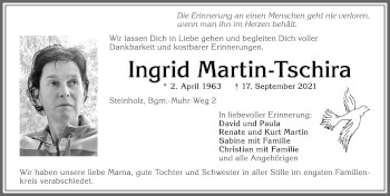 Traueranzeige von Ingrid Martin-Tschira von Allgäuer Zeitung, Kaufbeuren/Buchloe