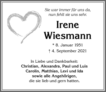 Traueranzeige von Irene Wiesmann von Allgäuer Zeitung,Kempten