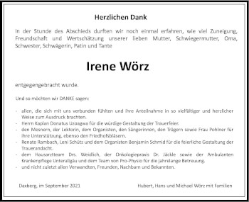 Traueranzeige von Irene Wörz von Memminger Zeitung