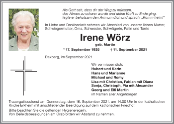 Traueranzeige von Irene Wörz von Memminger Zeitung