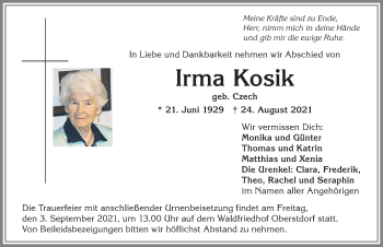 Traueranzeige von Irma Kosik von Allgäuer Anzeigeblatt