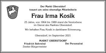 Traueranzeige von Irma Kosik von Allgäuer Anzeigeblatt