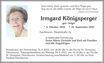 Traueranzeige von Irmgard Königsperger von Allgäuer Zeitung, Kaufbeuren/Buchloe