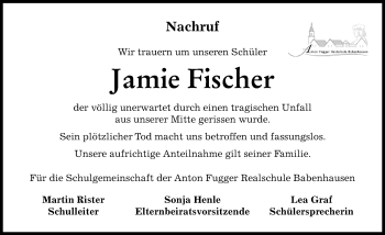 Traueranzeige von Jamie Fischer von Memminger Zeitung