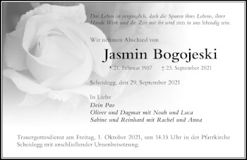 Traueranzeige von Jasmin Bogojeski von Der Westallgäuer