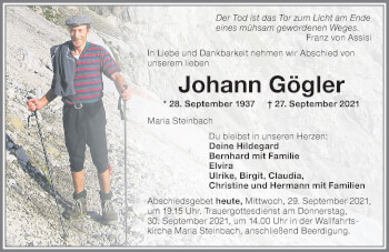 Traueranzeige von Johann Gögler von Memminger Zeitung