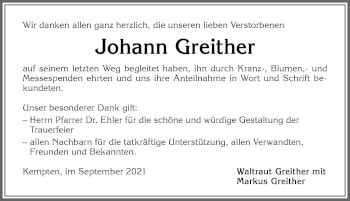 Traueranzeige von Johann Greither von Allgäuer Zeitung,Kempten