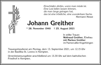 Traueranzeige von Johann Greither von Allgäuer Zeitung,Kempten