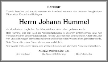 Traueranzeige von Johann Hummel von Allgäuer Zeitung,Kempten
