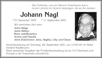 Traueranzeige von Johann Nagl von Allgäuer Zeitung, Kaufbeuren/Buchloe