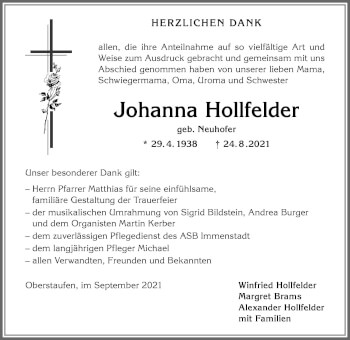 Traueranzeige von Johanna Hollfelder von Allgäuer Anzeigeblatt
