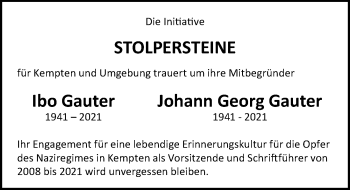 Traueranzeige von Johann Georg Gauter von Allgäuer Zeitung,Kempten