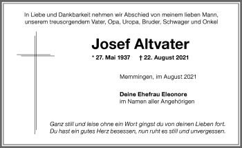 Traueranzeige von Josef Altvater von Memminger Zeitung