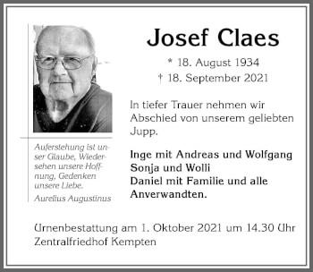 Traueranzeige von Josef Claes von Allgäuer Zeitung