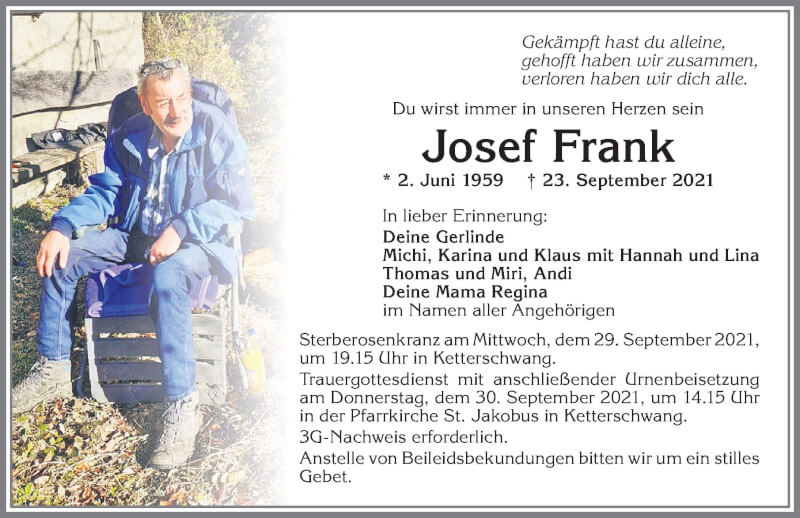  Traueranzeige für Josef Frank vom 29.09.2021 aus Allgäuer Zeitung, Kaufbeuren/Buchloe