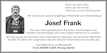 Traueranzeige von Josef Frank von Allgäuer Zeitung, Kaufbeuren/Buchloe