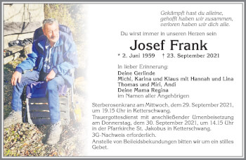 Traueranzeige von Josef Frank von Allgäuer Zeitung, Kaufbeuren/Buchloe