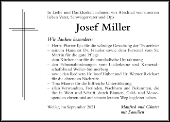 Traueranzeige von Josef Miller von Der Westallgäuer
