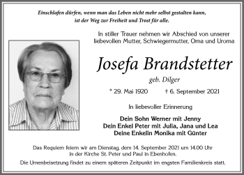 Traueranzeige von Josefa Brandstetter von Allgäuer Zeitung, Marktoberdorf