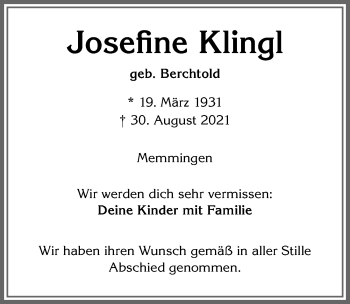 Traueranzeige von Josefine Klingl von Memminger Zeitung