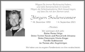 Traueranzeige von Jürgen Sadewasser von Allgäuer Zeitung, Füssen