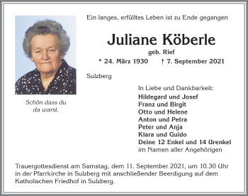 Traueranzeige von Juliane Köberle von Allgäuer Zeitung,Kempten
