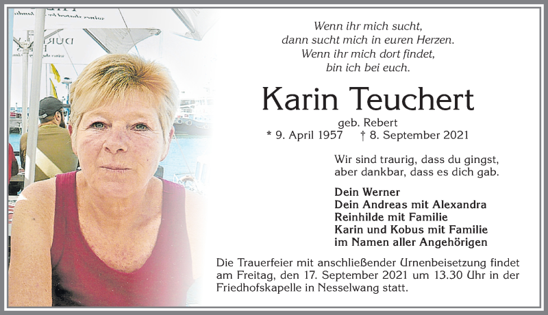  Traueranzeige für Karin Teuchert vom 15.09.2021 aus Allgäuer Zeitung, Füssen