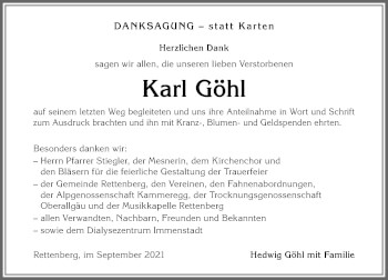 Traueranzeige von Karl Göhl von Allgäuer Anzeigeblatt