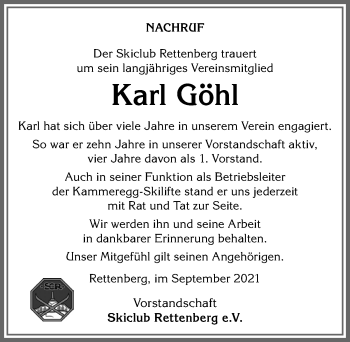 Traueranzeige von Karl Göhl von Allgäuer Anzeigeblatt